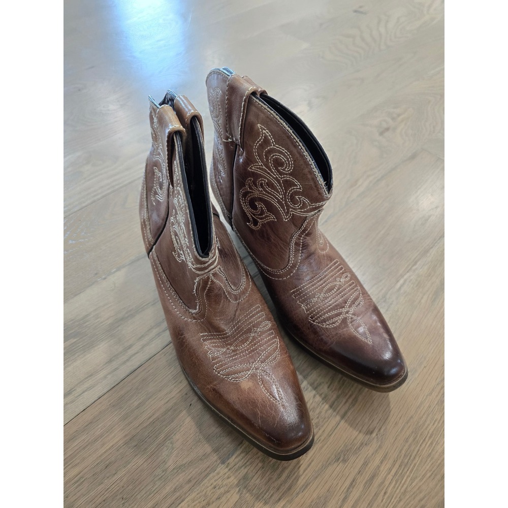 Bed Stu Brown Leather Western Ankle Boots Pointed Toe Stitched Distressed Size 6 - Picture 2 of 7